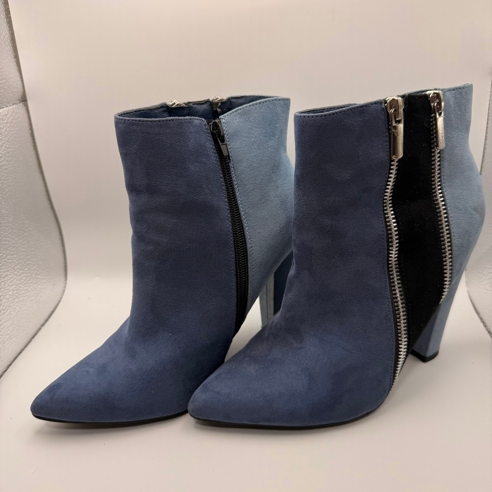JustFab Remi-WW Blue‎ Colorblock Faux Suede Pointed Toe Block Heel Ankle Boots 7